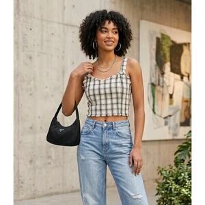 Umgee USA Black and White Plaid Frayed Edge Crop Top